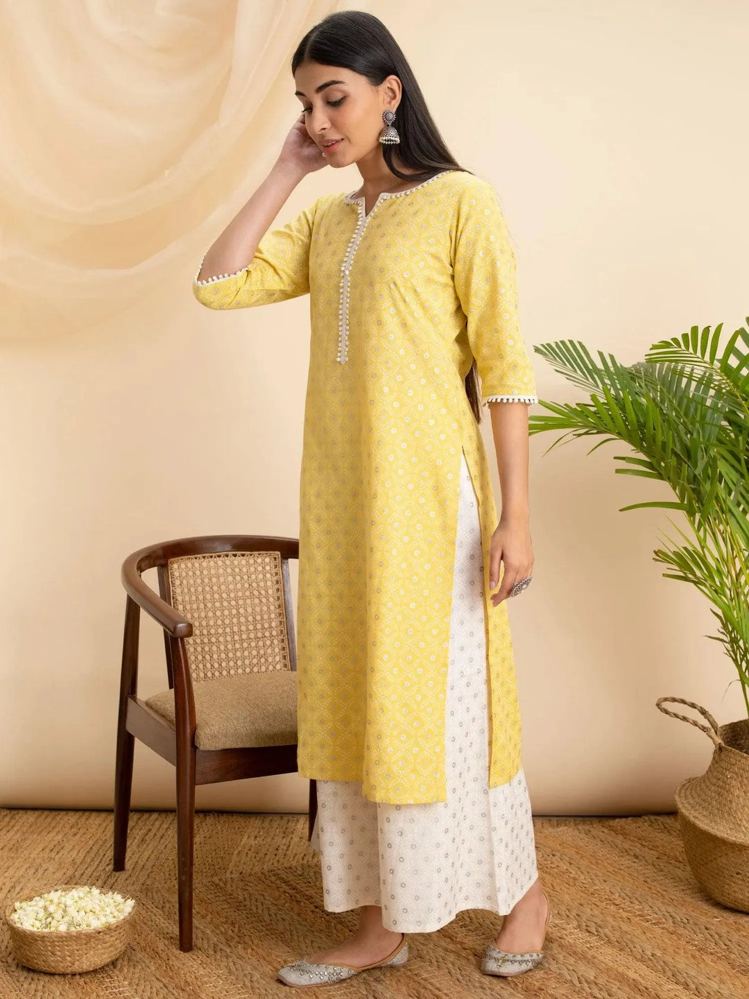 Yellow Printed Cotton Kurta - Libas