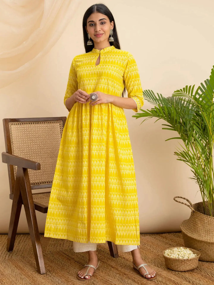 Yellow Printed Cotton Kurta - Libas