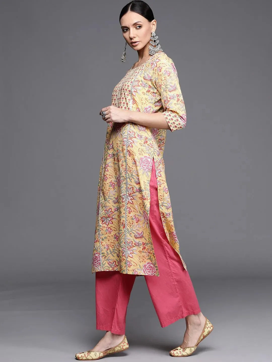 Yellow Printed Cotton Kurta - Libas