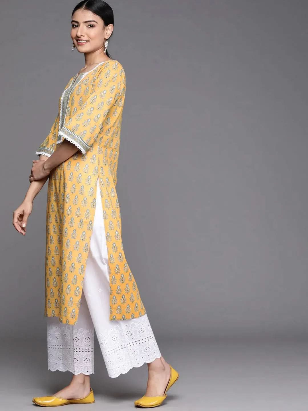 Buy Yellow Printed Cotton Kurta - 23367O- | Libas Ethnic Wear Online