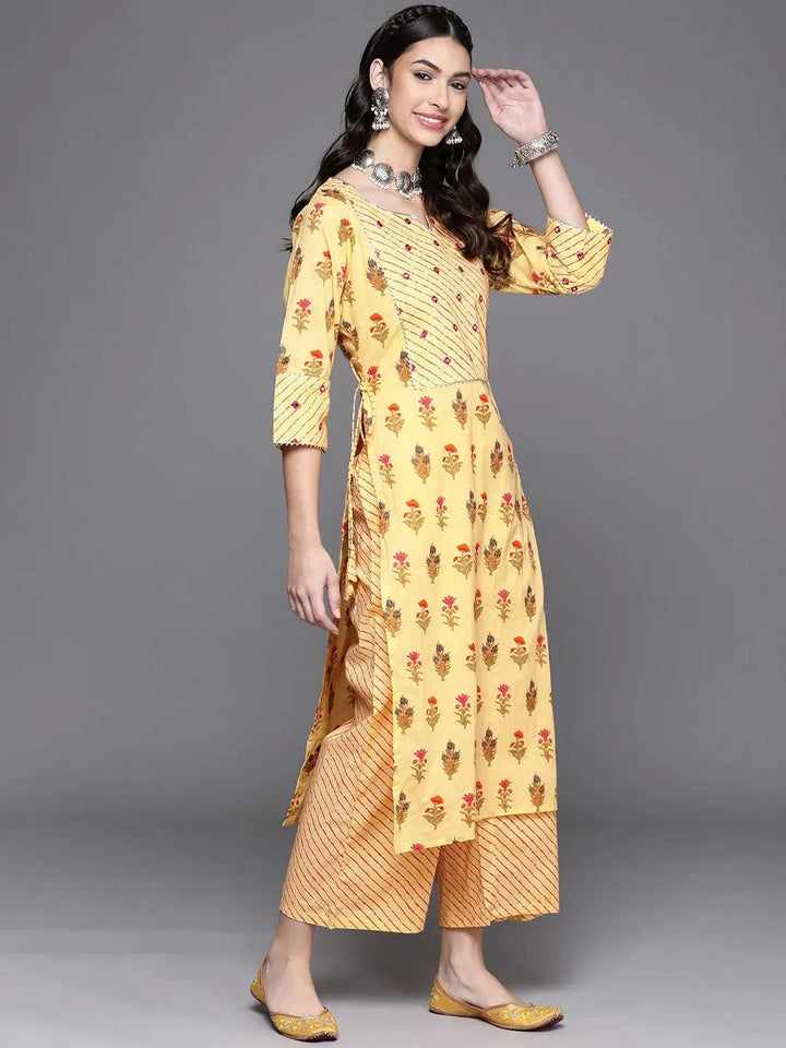 Yellow Printed Cotton Kurta - Libas