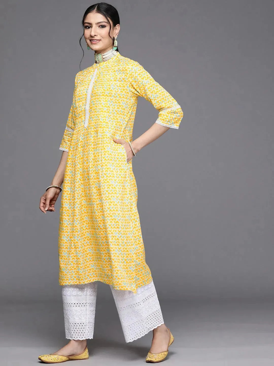 Yellow Printed Cotton Kurta - Libas