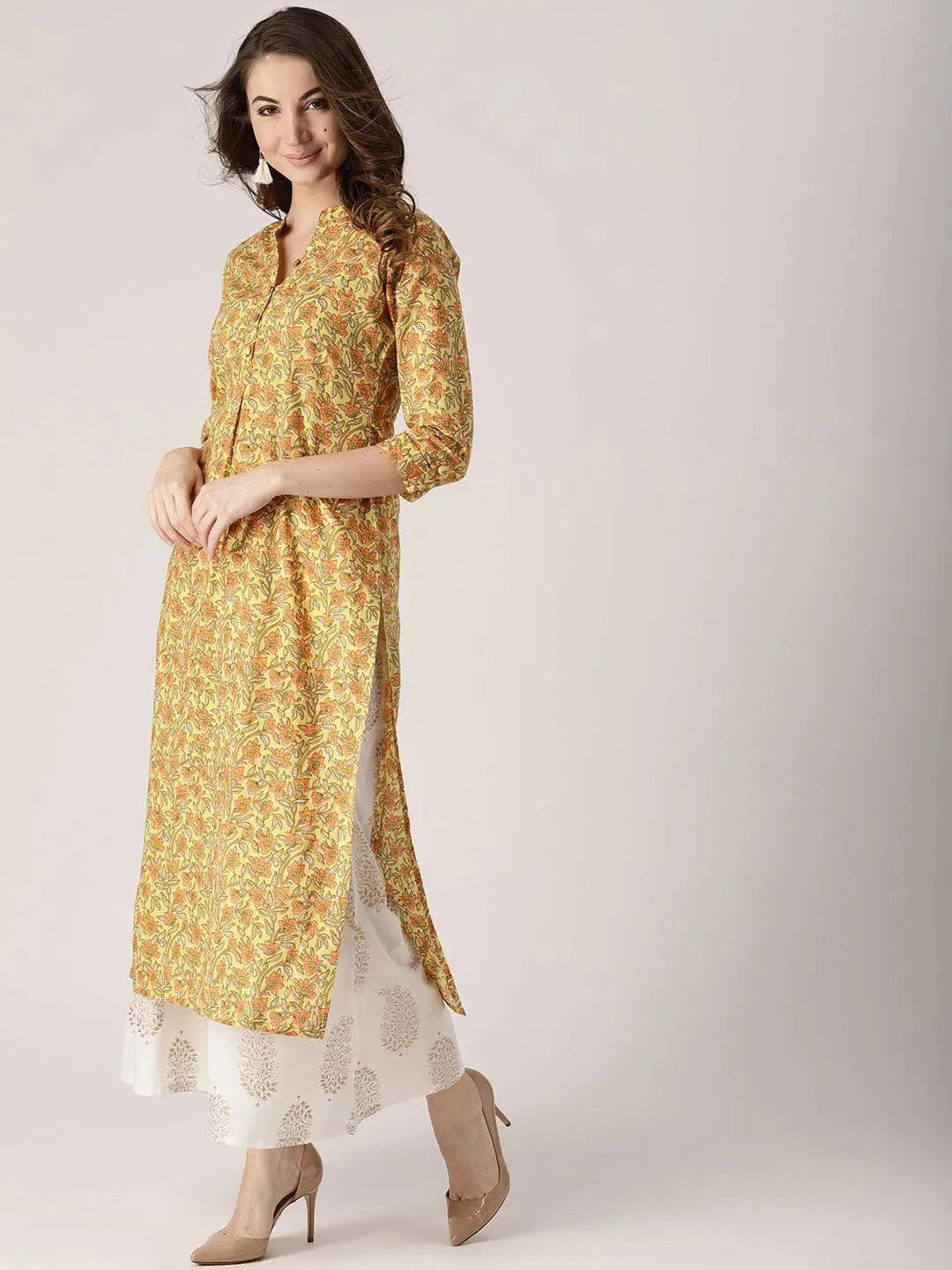 Yellow Printed Cotton Kurta - Libas 