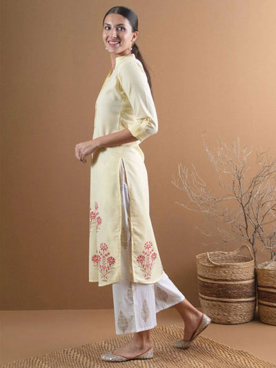 Yellow Printed Cotton Kurta - Libas