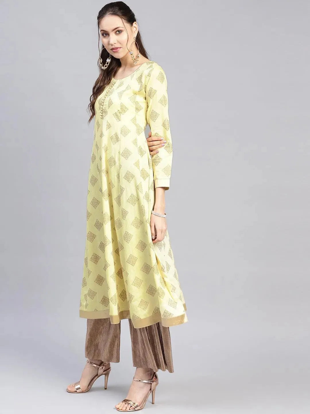 Yellow Printed Cotton Kurta - Libas