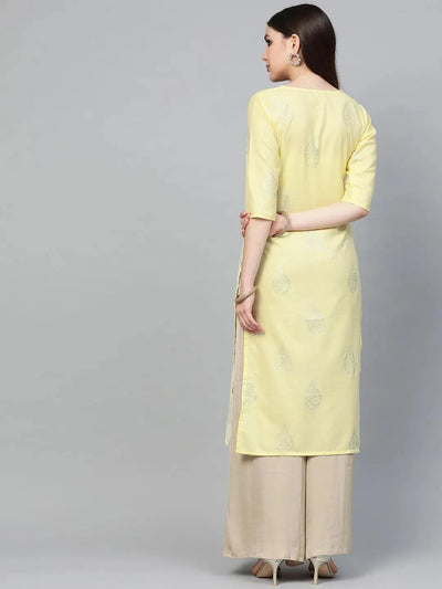 Yellow Printed Cotton Kurta - Libas