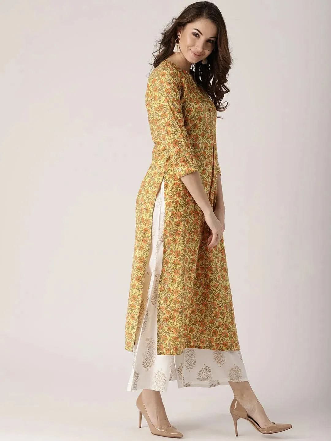

Yellow Printed Cotton Kurta