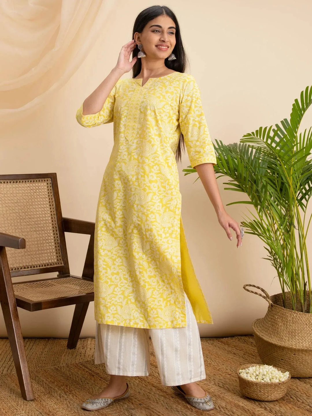 Yellow Printed Cotton Kurta - Libas