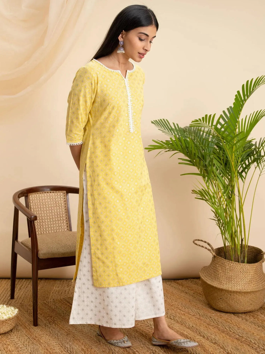 Yellow Printed Cotton Kurta - Libas