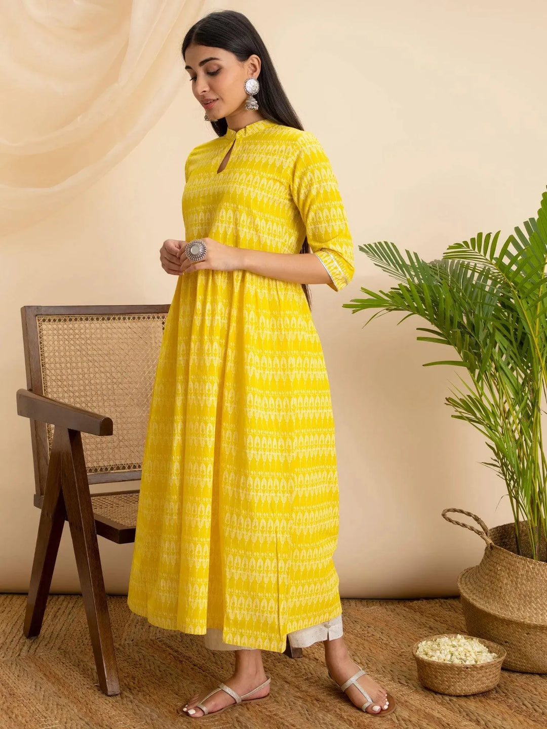 Yellow Printed Cotton Kurta - Libas