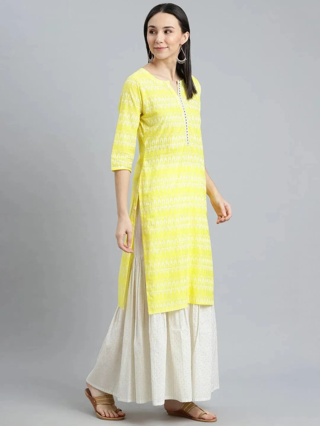 Yellow Printed Cotton Kurta - Libas 