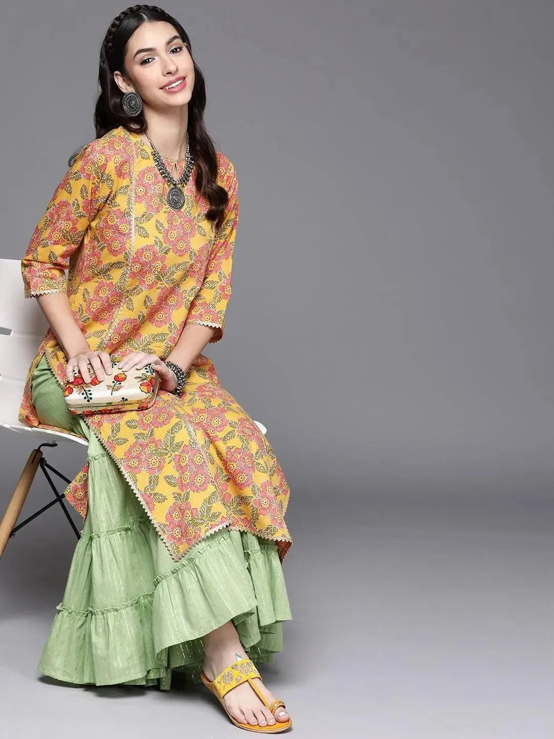 Yellow Printed Cotton Kurta - Libas