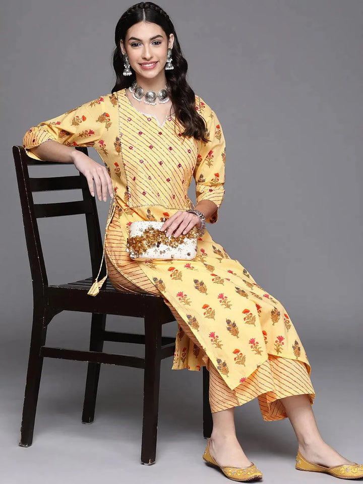 Yellow Printed Cotton Kurta - Libas