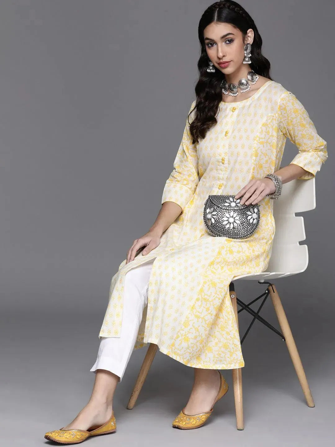 Yellow Printed Cotton Kurta - Libas 