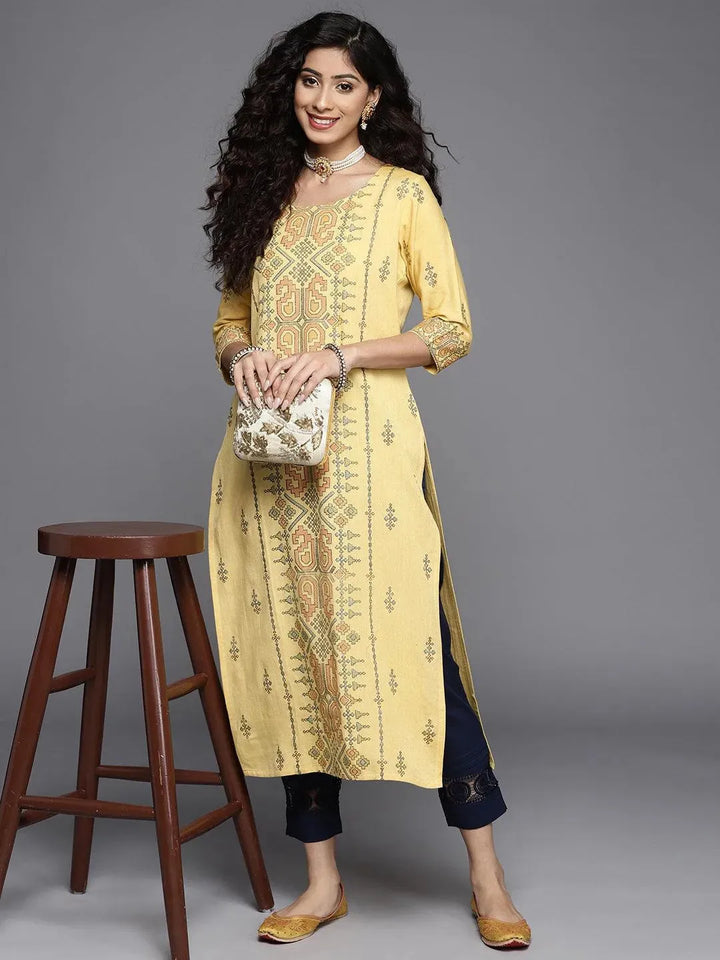 Yellow Printed Cotton Kurta - Libas