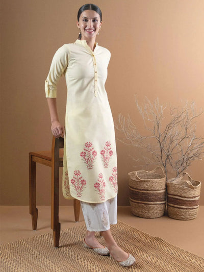 Yellow Printed Cotton Kurta - Libas