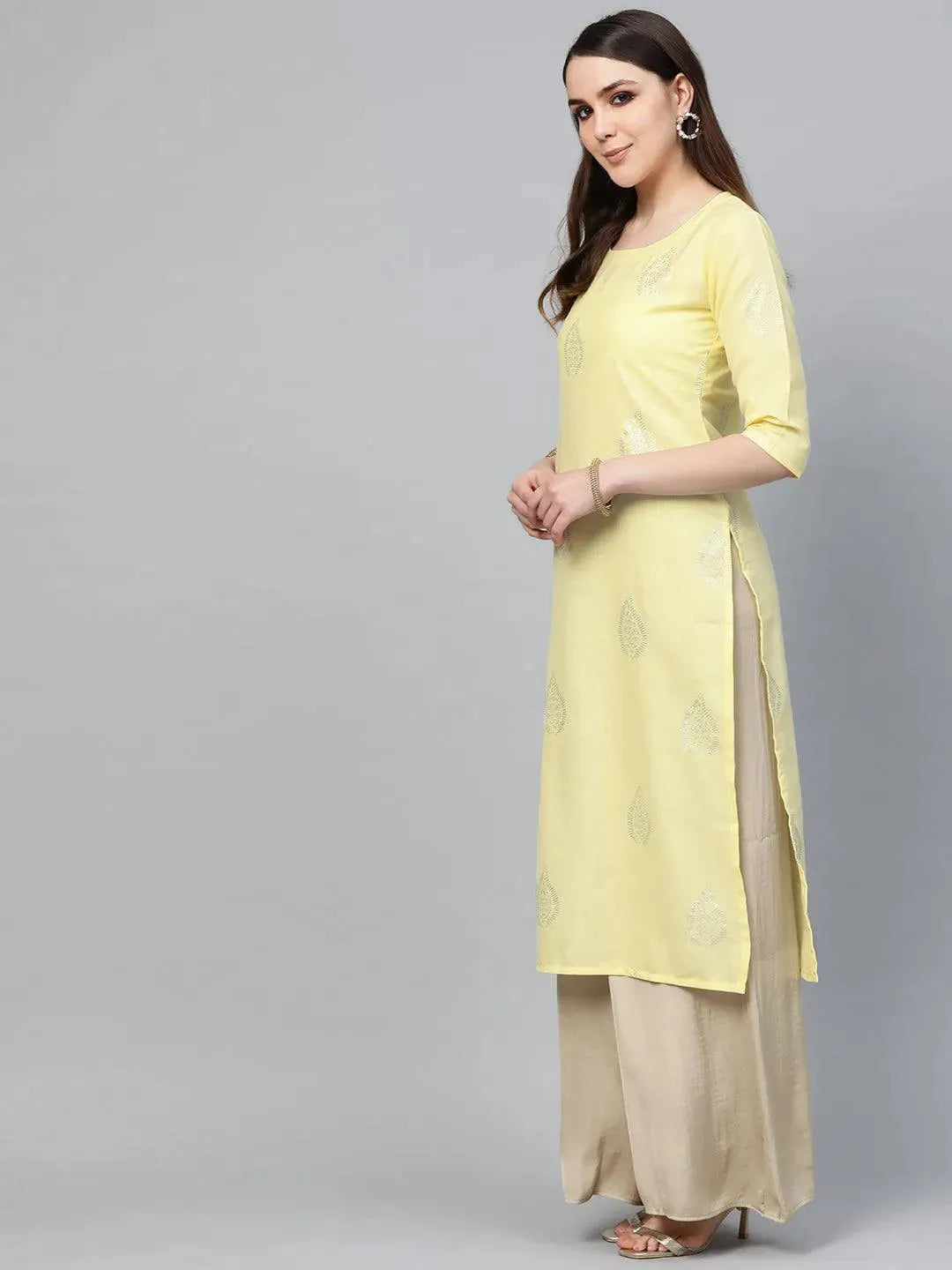 Yellow Printed Cotton Kurta - Libas