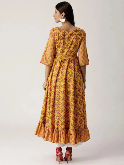 Yellow Printed Cotton Kurta - Libas