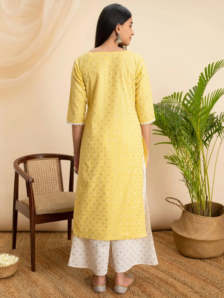 Yellow Printed Cotton Kurta - Libas