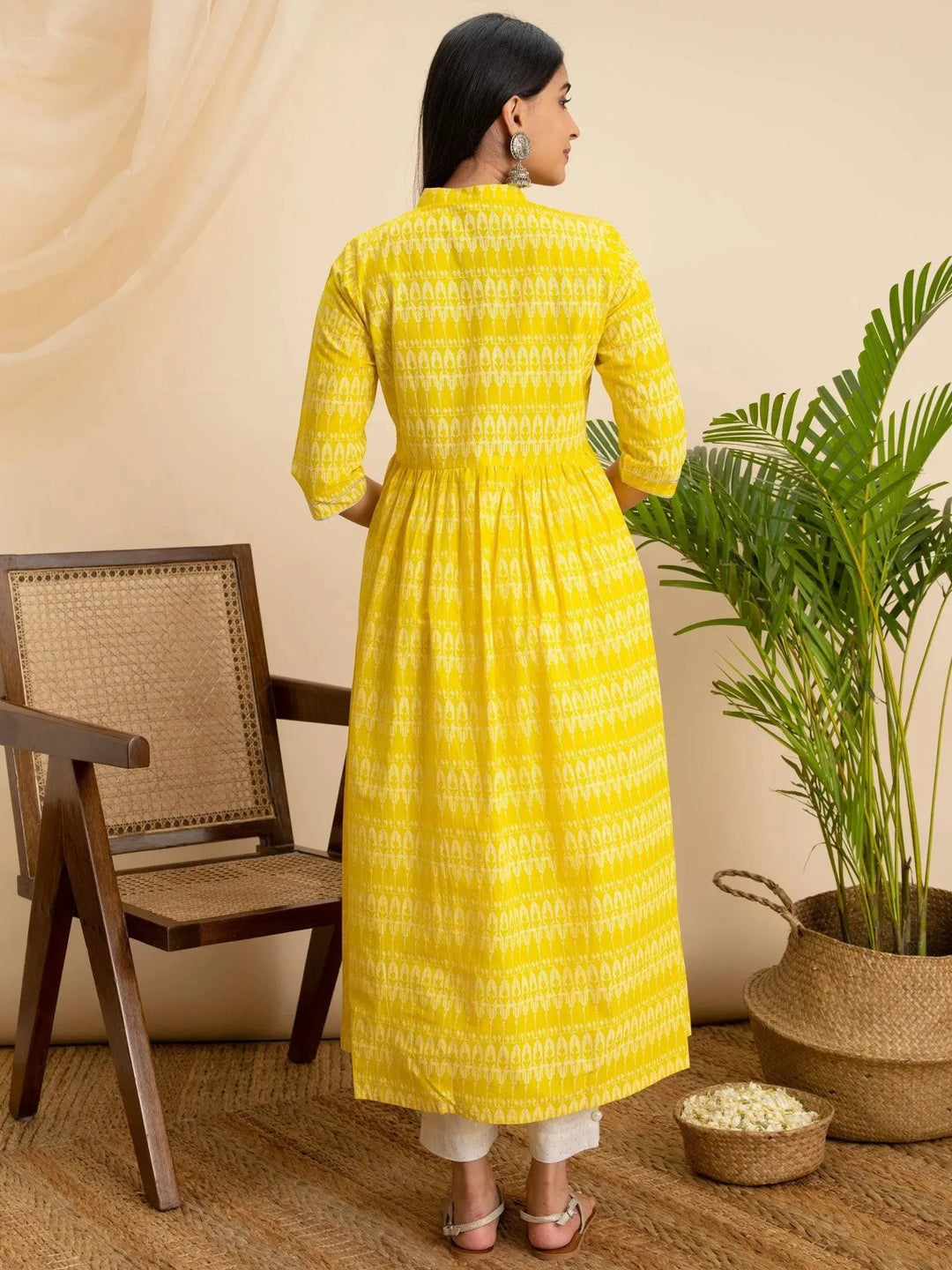 Yellow Printed Cotton Kurta - Libas