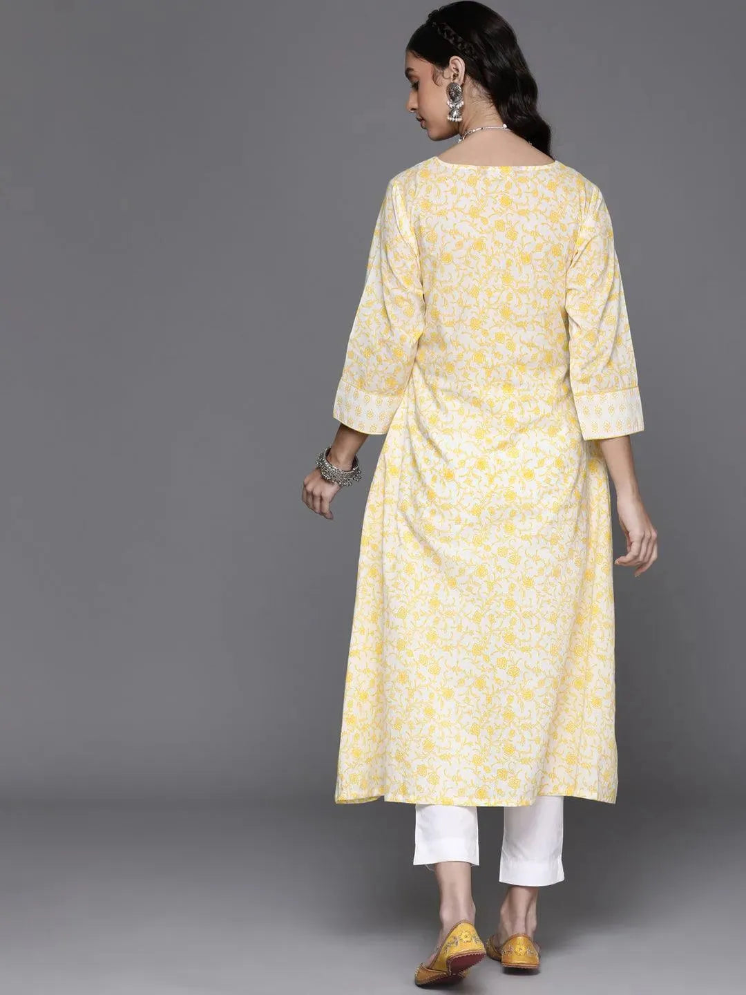 Yellow Printed Cotton Kurta - Libas 