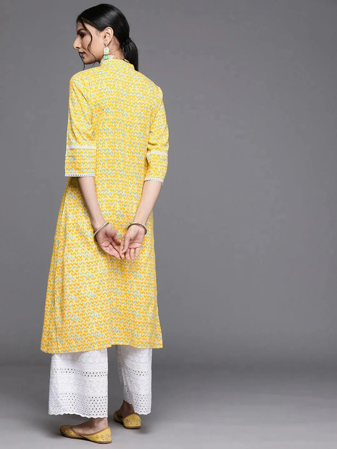 Yellow Printed Cotton Kurta - Libas