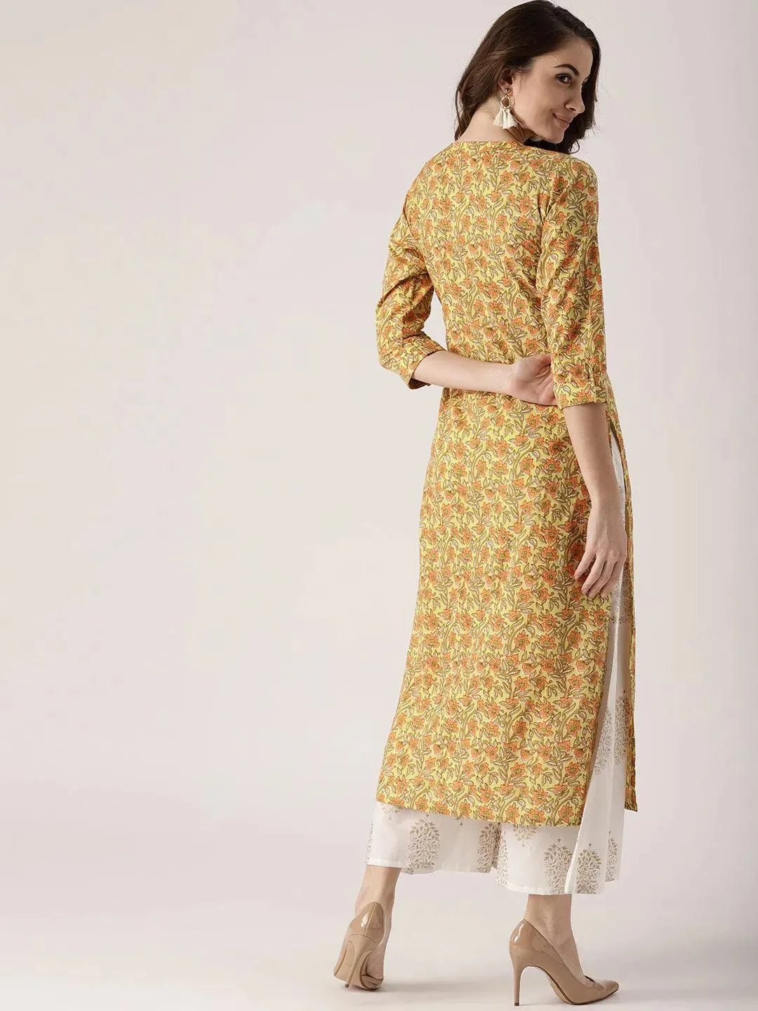 Yellow Printed Cotton Kurta - Libas 