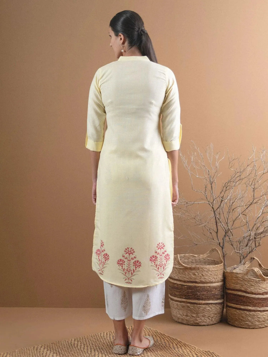 Yellow Printed Cotton Kurta - Libas 