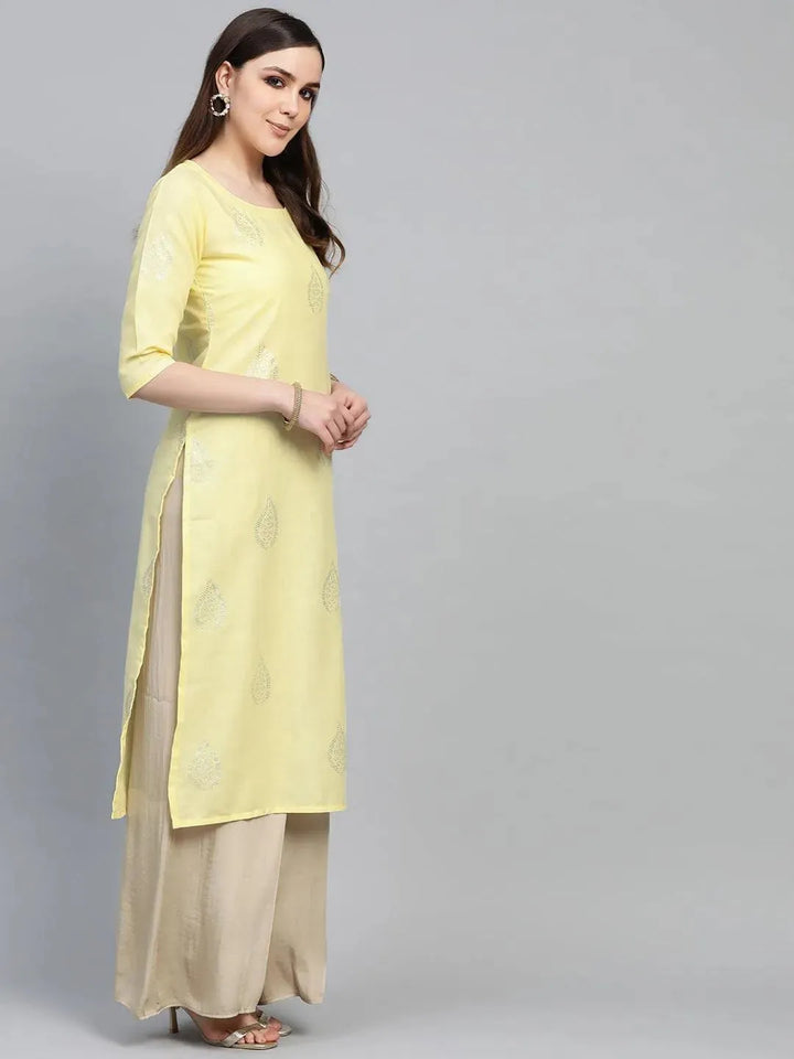 Yellow Printed Cotton Kurta - Libas