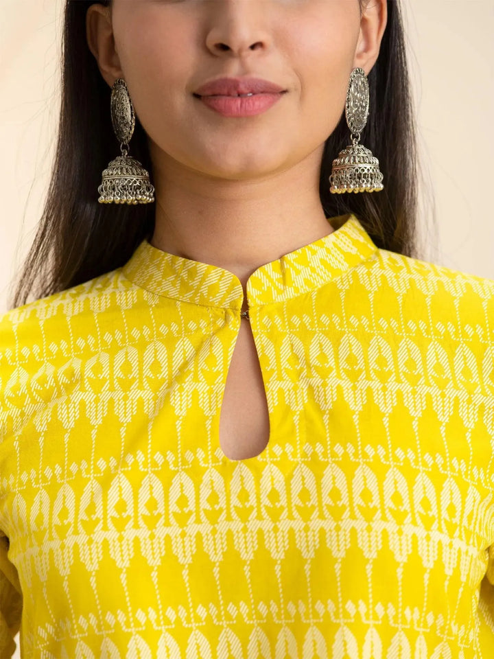 Yellow Printed Cotton Kurta - Libas