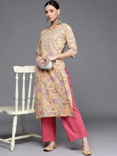 Yellow Printed Cotton Kurta - Libas