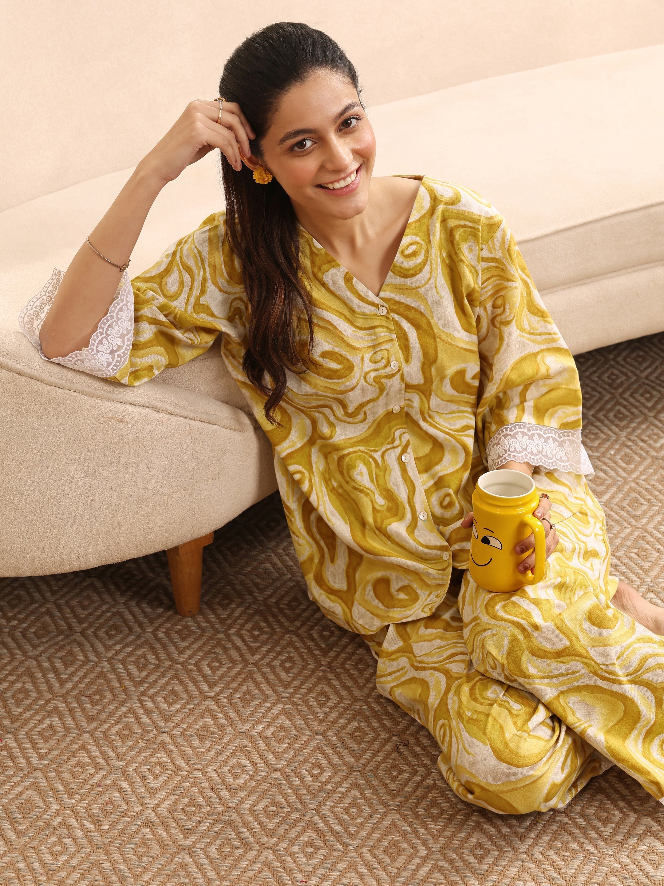 Yellow Printed Cotton Night Suit-image-47