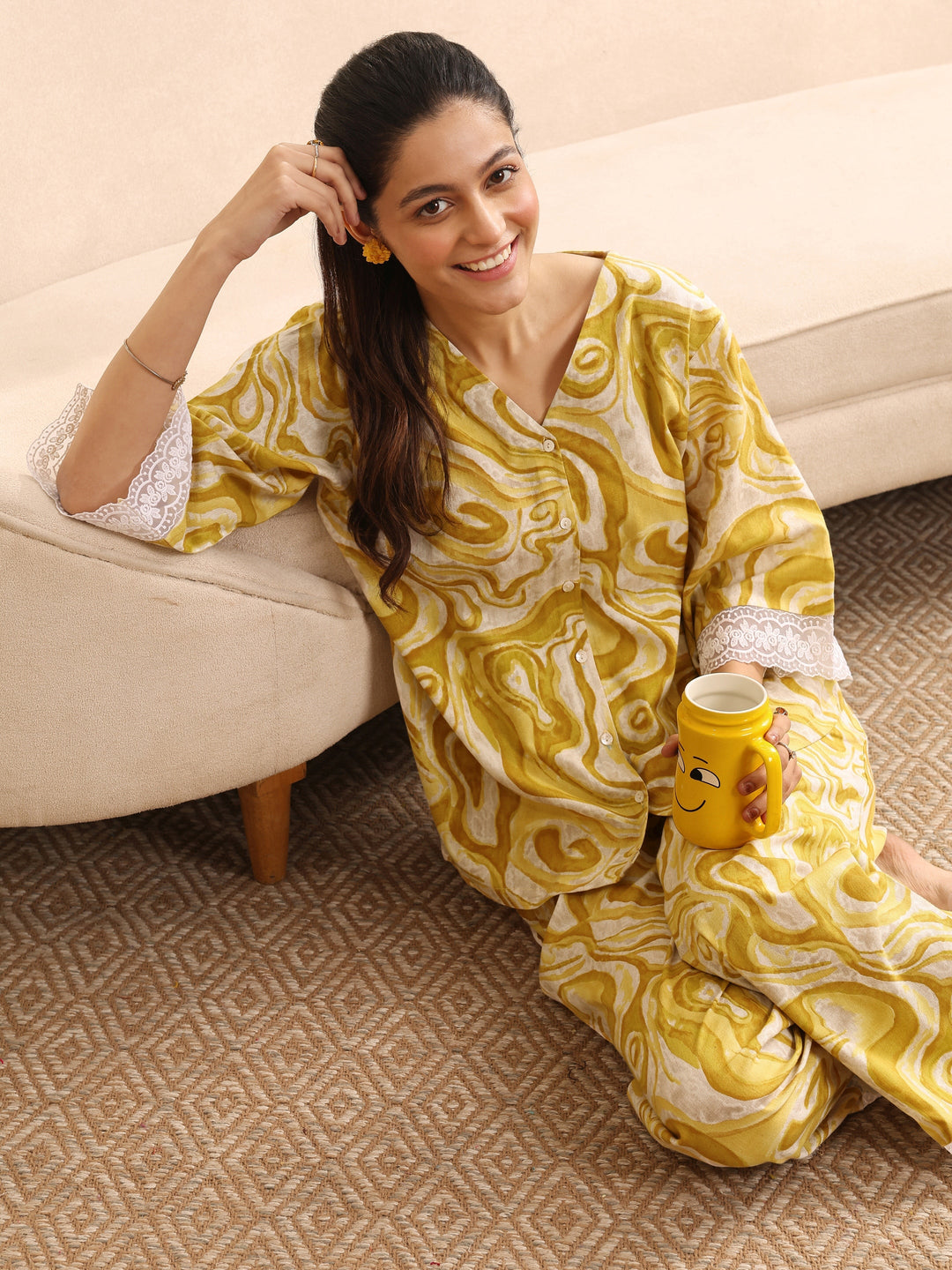 Yellow Printed Cotton Night Suit