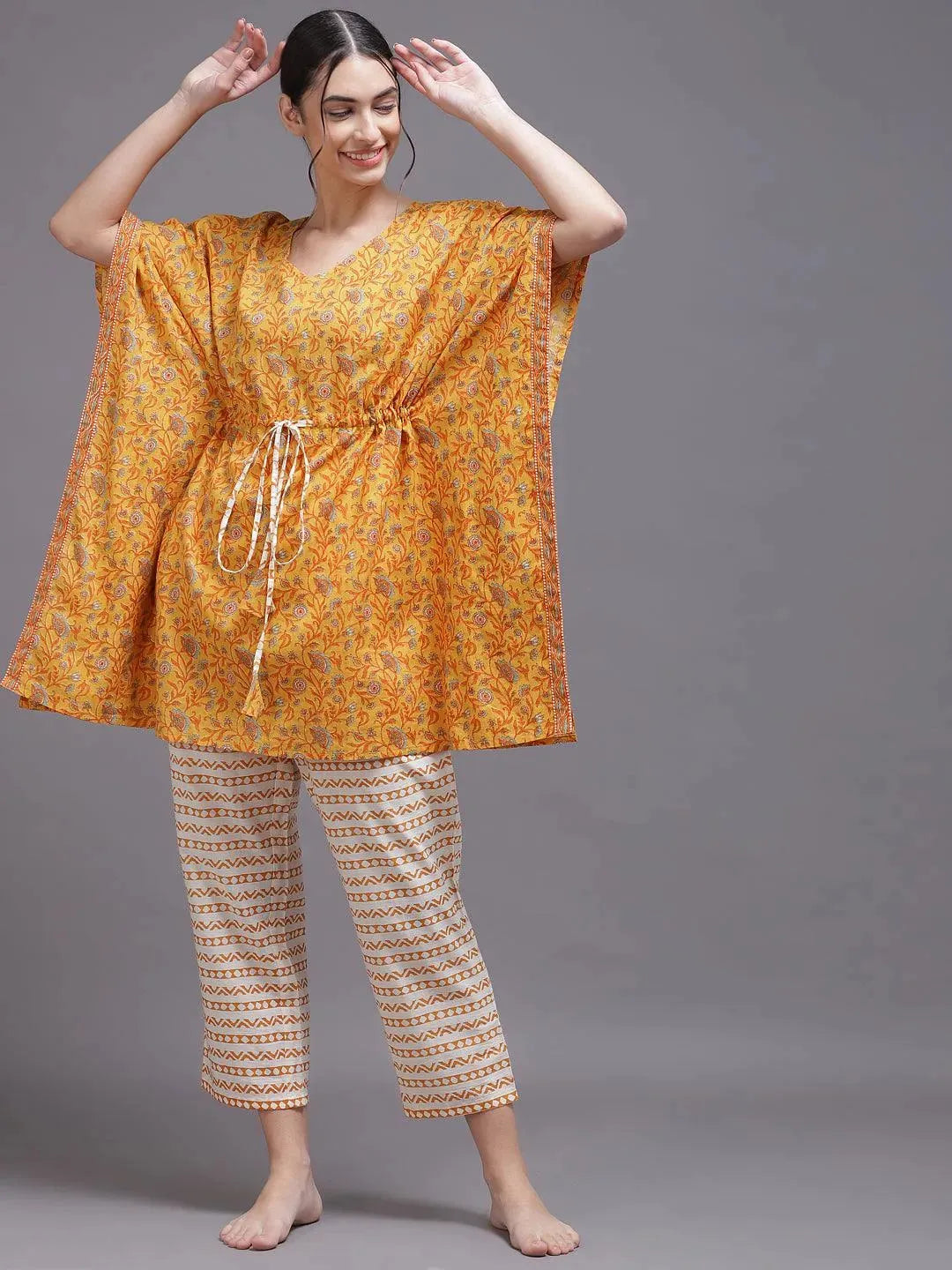 Yellow Printed Cotton Night Suit - Libas