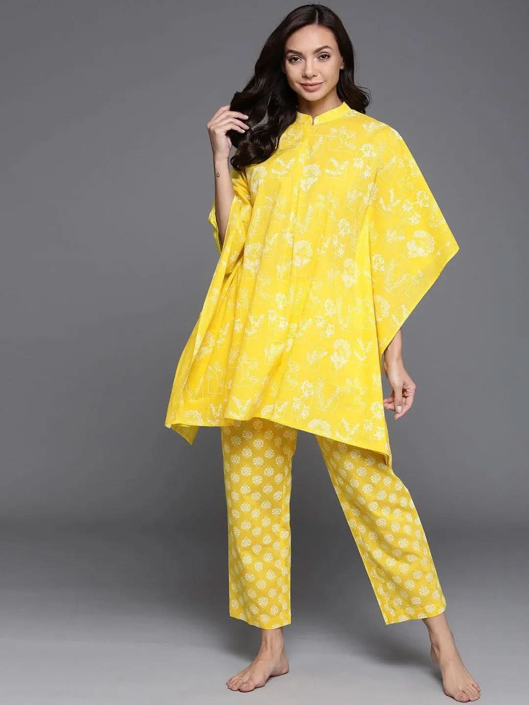 Yellow Printed Cotton Night Suit - Libas 