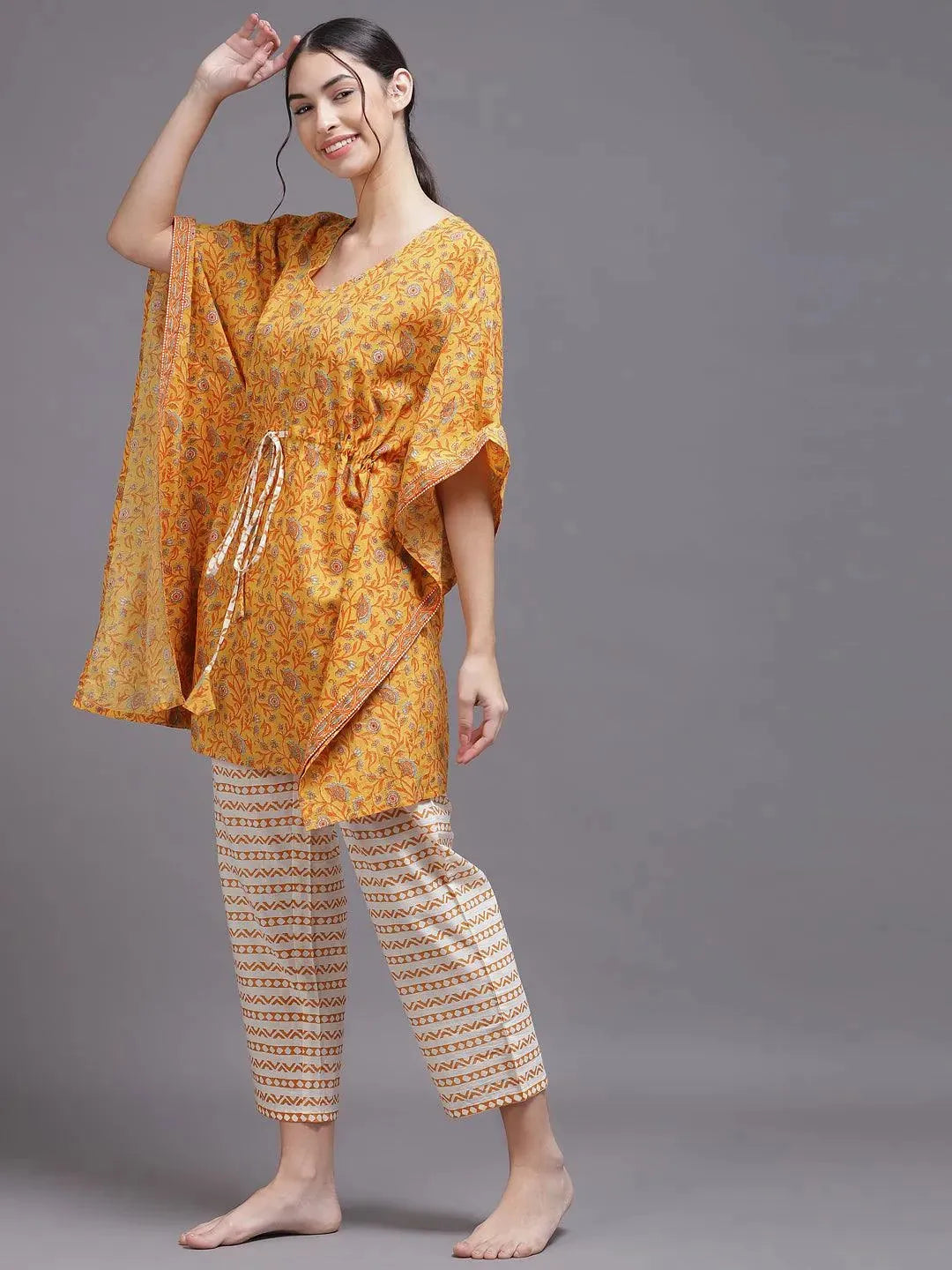 Yellow Printed Cotton Night Suit - Libas