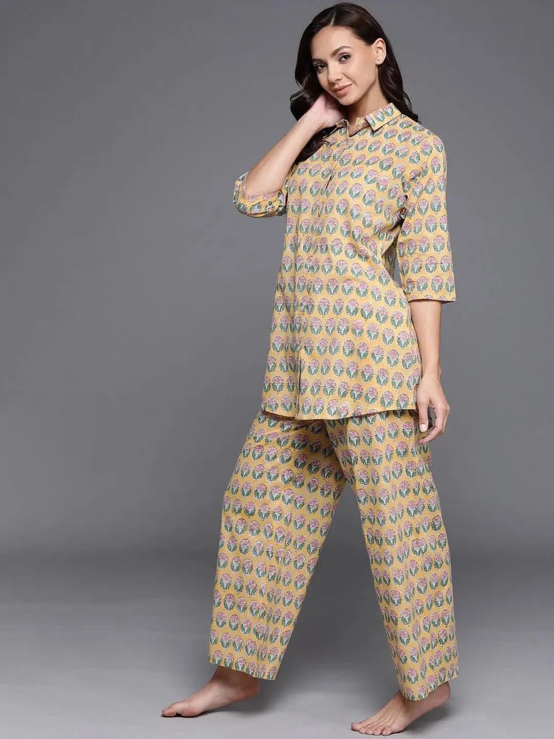 

Yellow Printed Cotton Night Suit