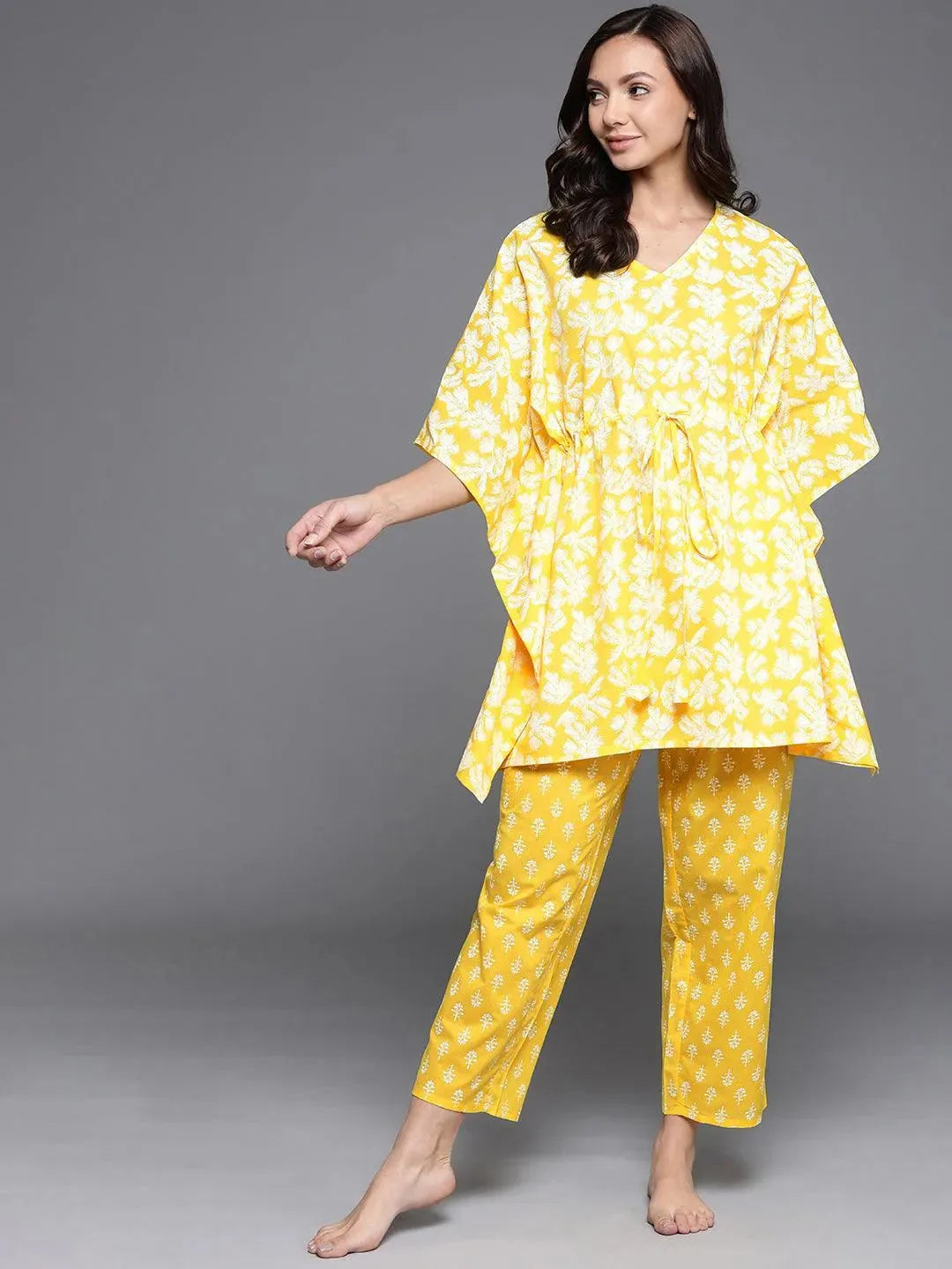 Yellow Printed Cotton Night Suit - Libas 