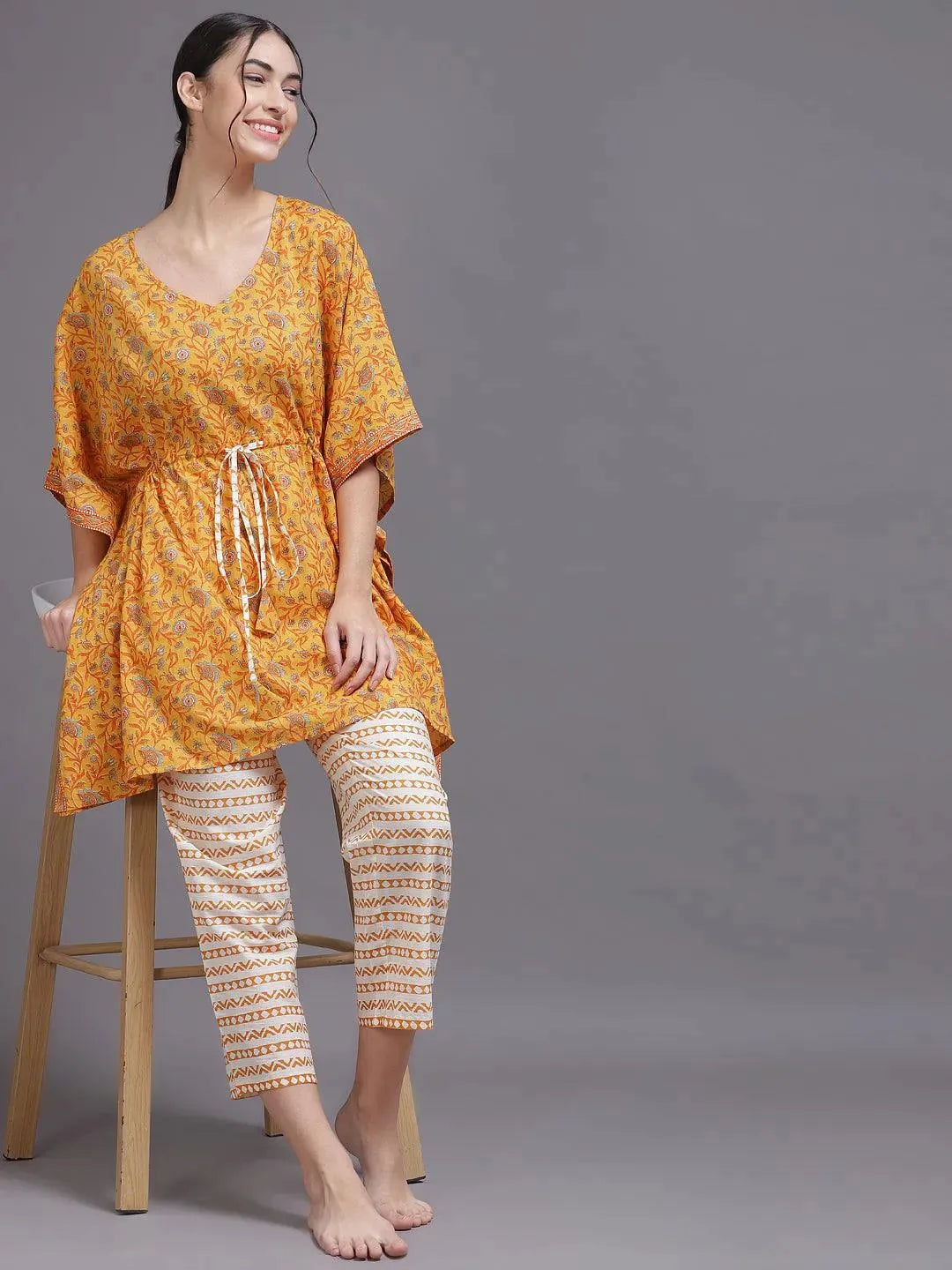 Yellow Printed Cotton Night Suit - Libas