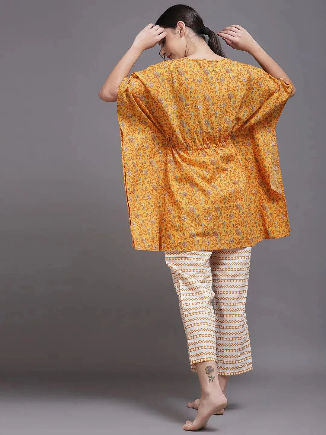 Yellow Printed Cotton Night Suit - Libas 
