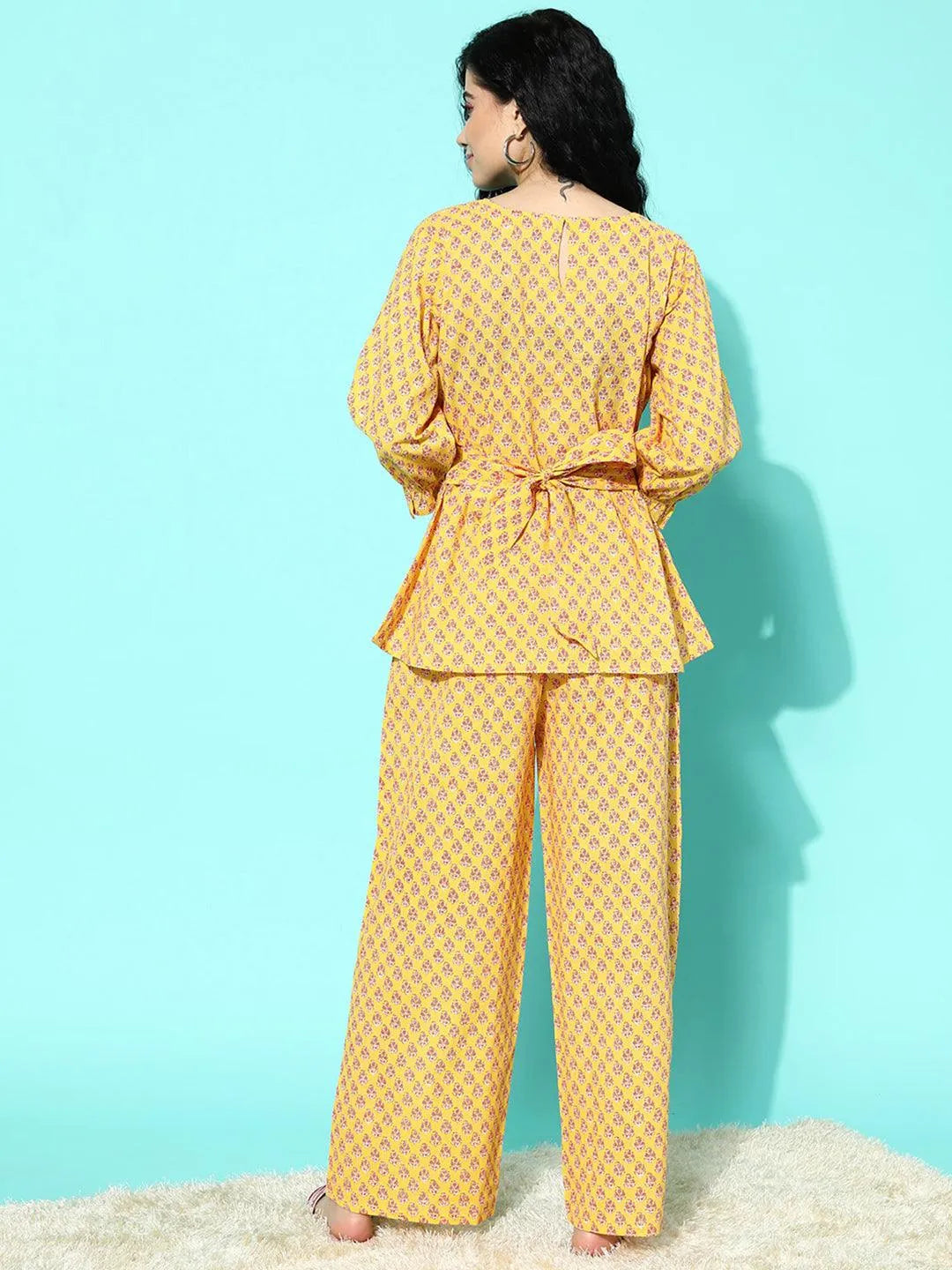 Yellow Printed Cotton Night Suit - Libas 