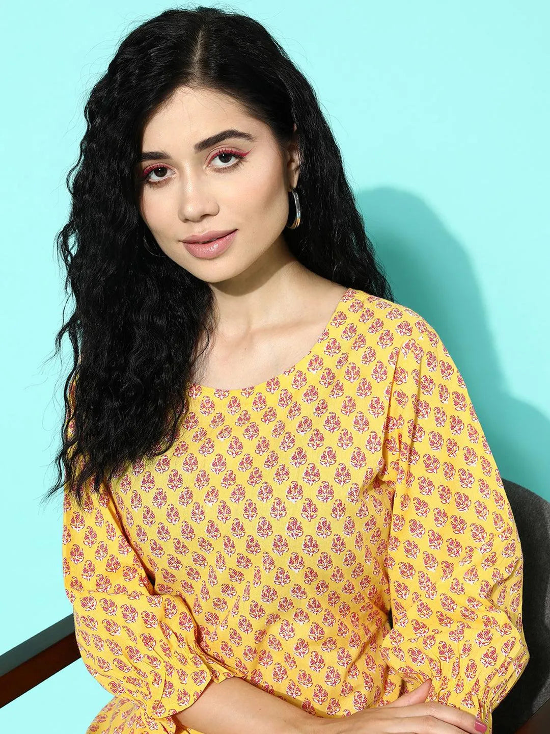 Yellow Printed Cotton Night Suit - Libas 