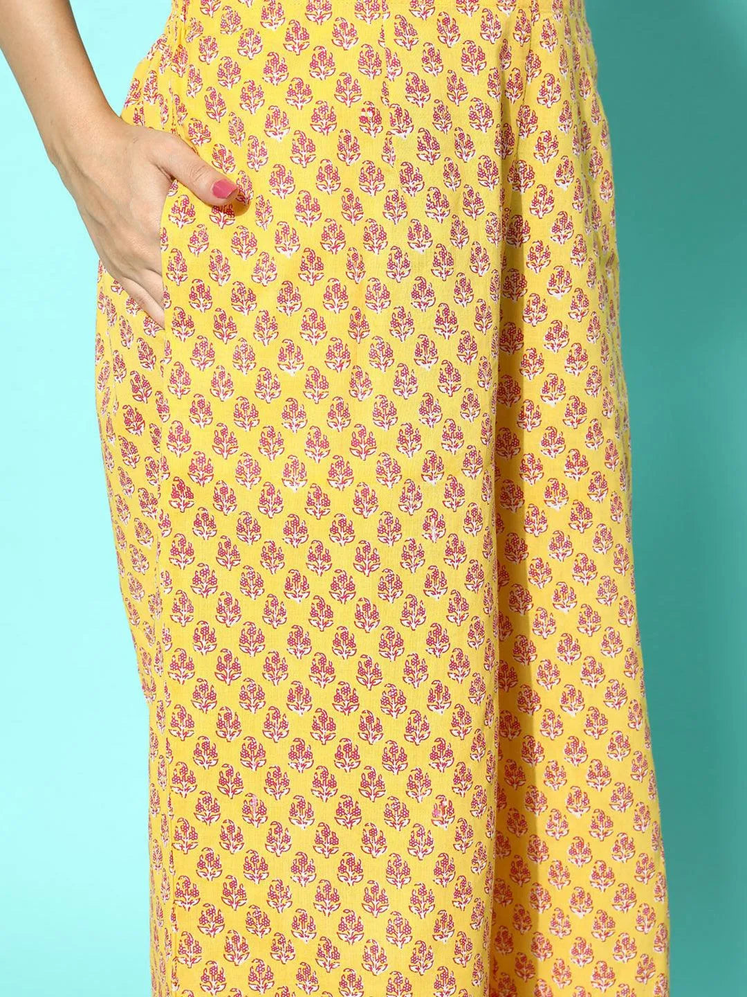Yellow Printed Cotton Night Suit - Libas 