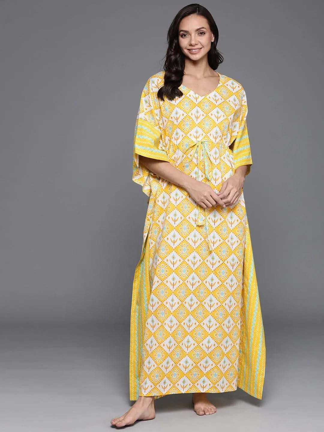 Yellow Printed Cotton Nightdress - Libas 