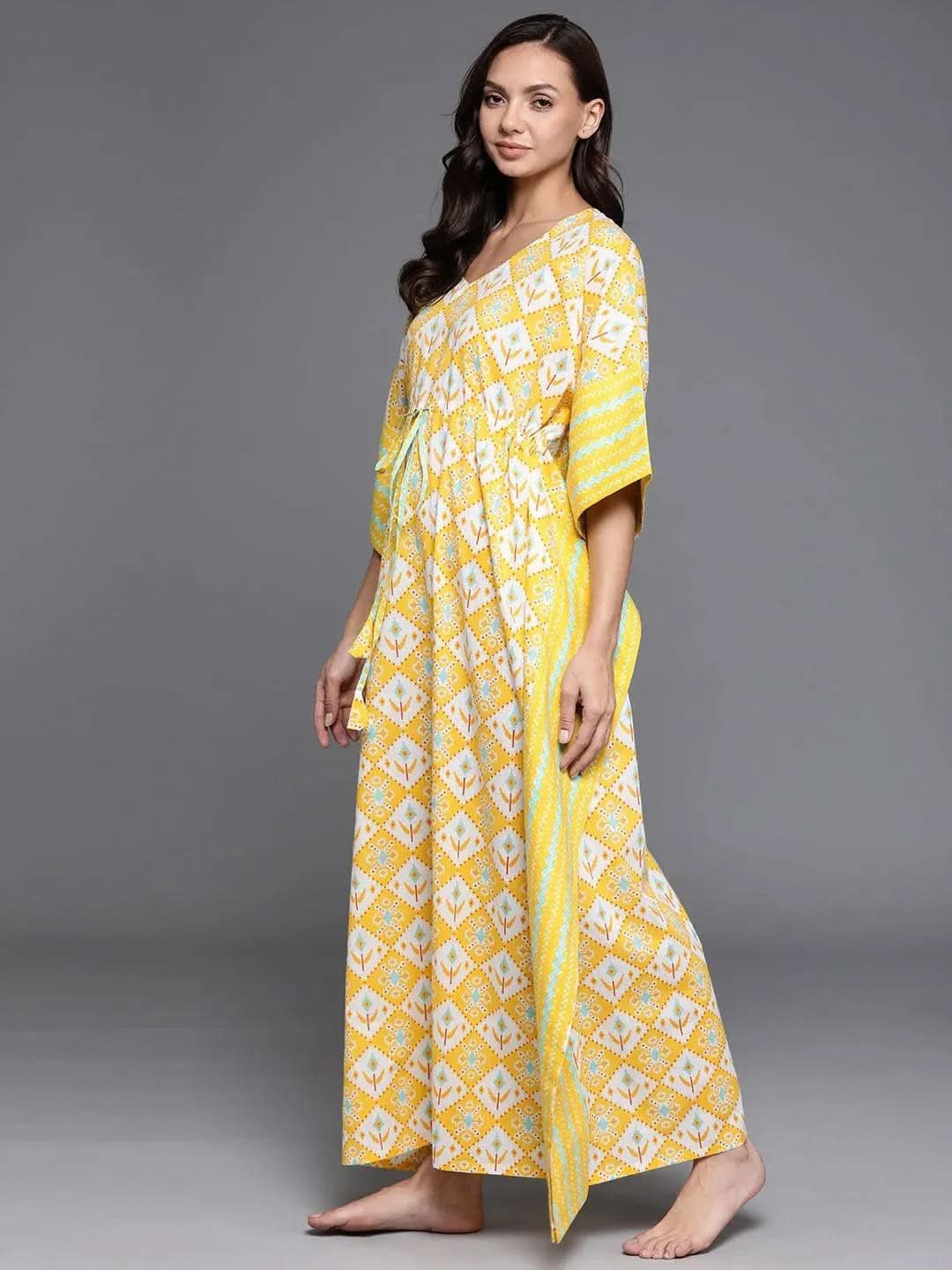 Yellow Printed Cotton Nightdress - Libas 