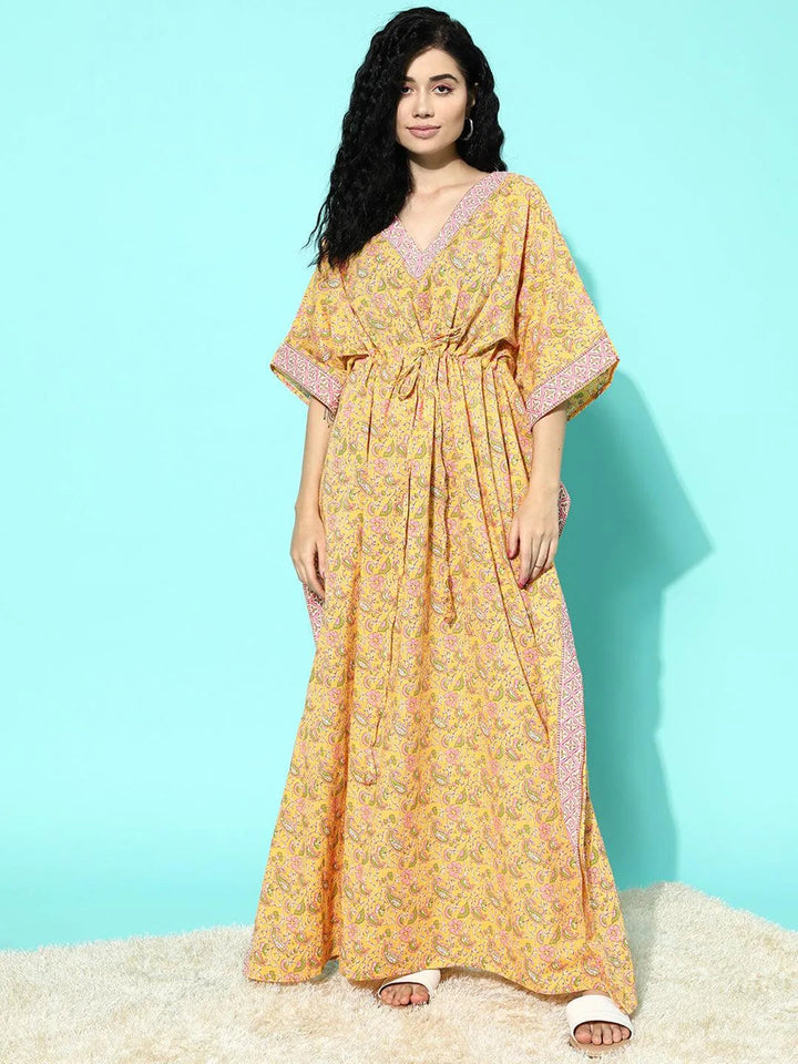 Yellow Printed Cotton Nightdress - Libas