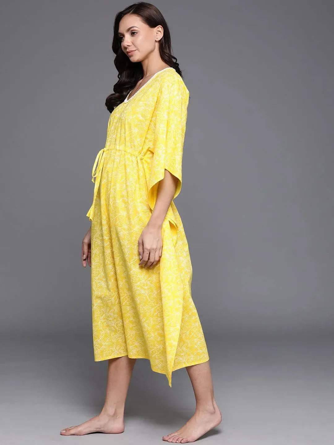 Yellow Printed Cotton Nightdress - Libas 