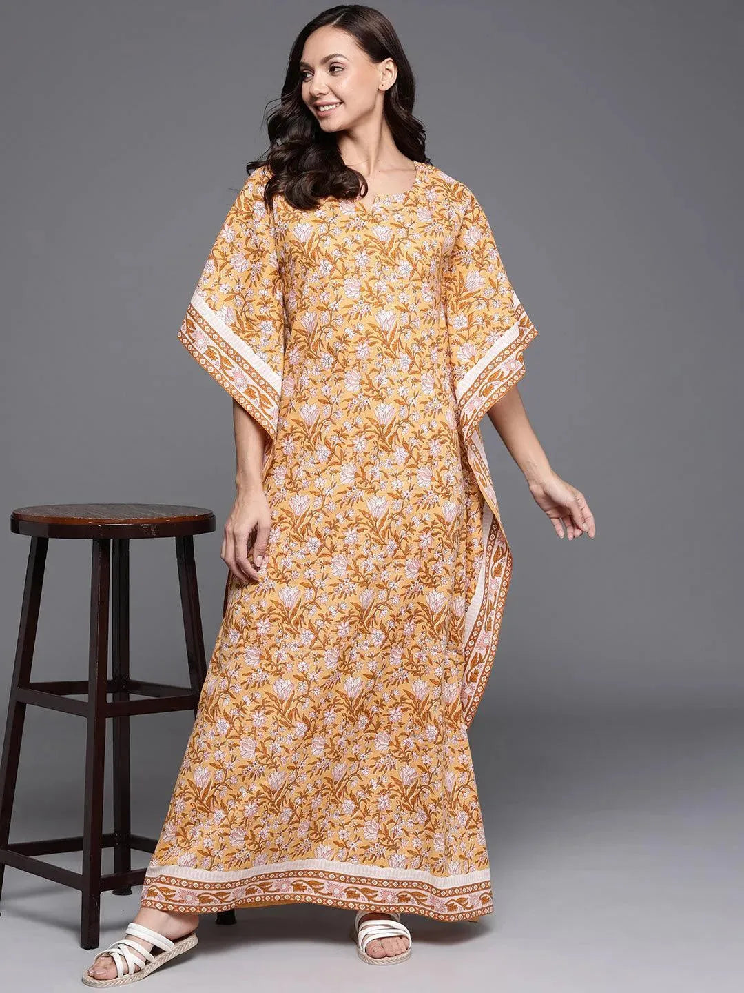 Yellow Printed Cotton Nightdress - Libas 