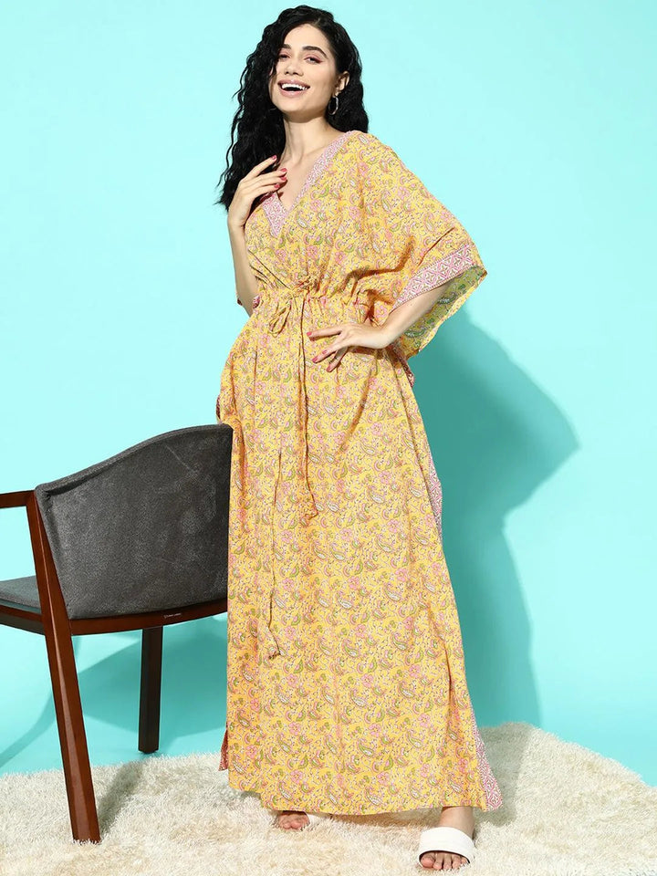 Yellow Printed Cotton Nightdress - Libas