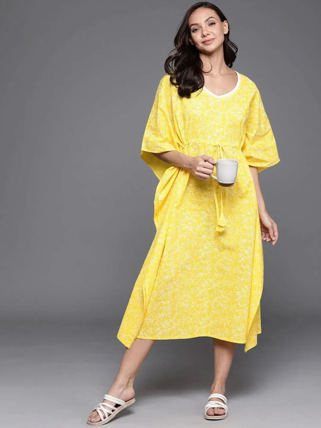 Yellow Printed Cotton Nightdress - Libas 